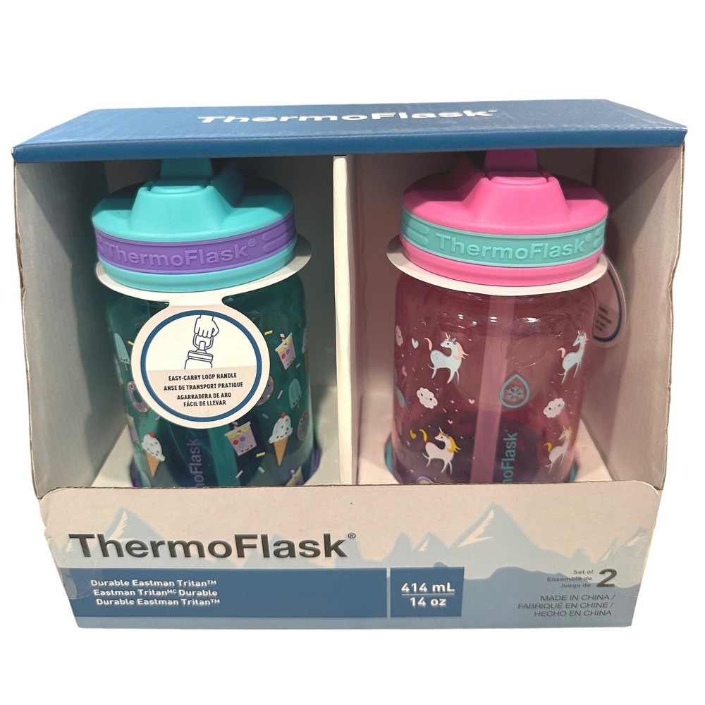 ThermoFlask Kids Teal Pink Unicorn Ice Cream Tritan Water Bottle‎ 2-Pack 14oz